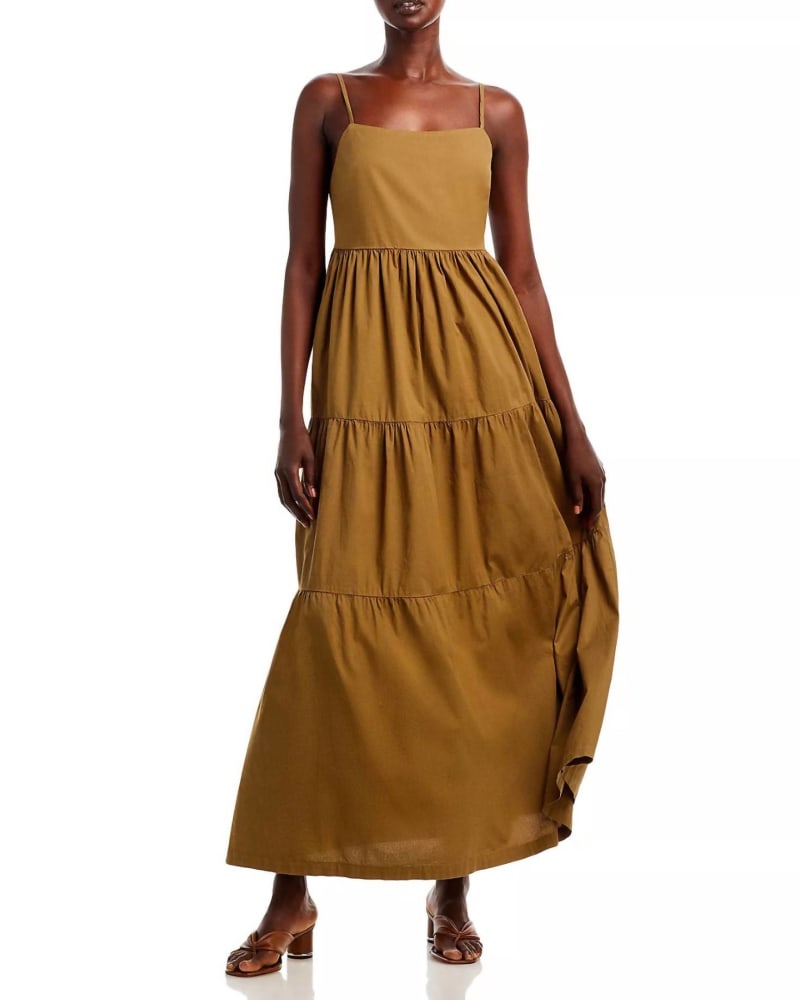 Front of a model wearing a size LG Poplin Maxi Dress in Verde in Verde by MONROW. | dia_product_style_image_id:335368